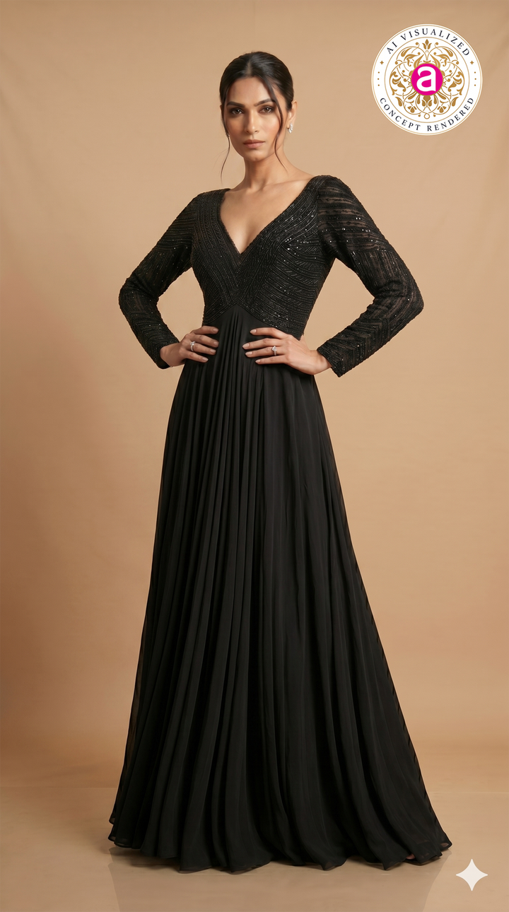 Midnight Black Hand Embellished Evening Gown