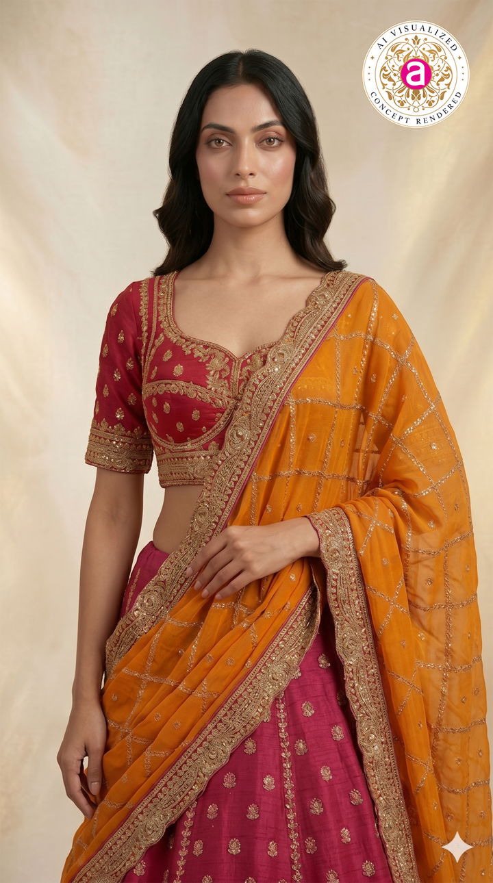 Rani Pink Bridal Lehenga Set with Orange Embroidered Dupatta & Royal Zari Heritage Work