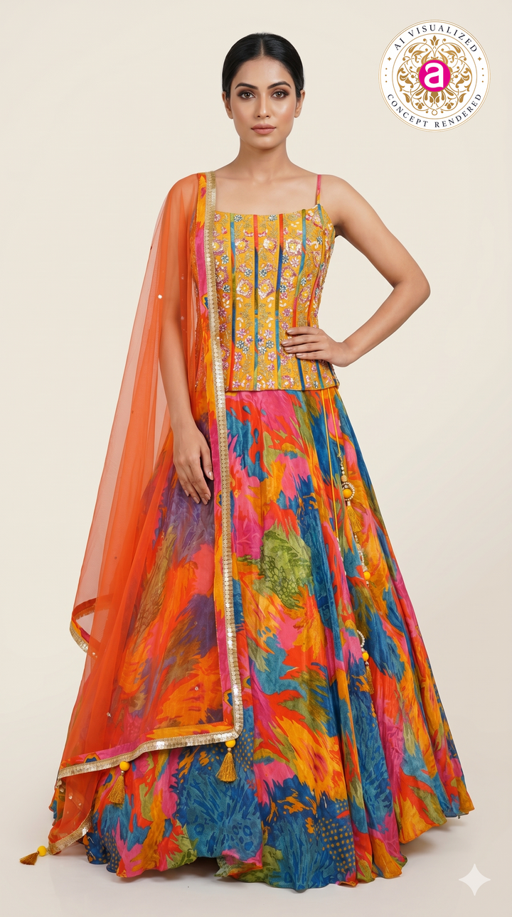 Abstract Multicolor Printed Lehenga Set with Embroidered Bustier & Orange Dupatta