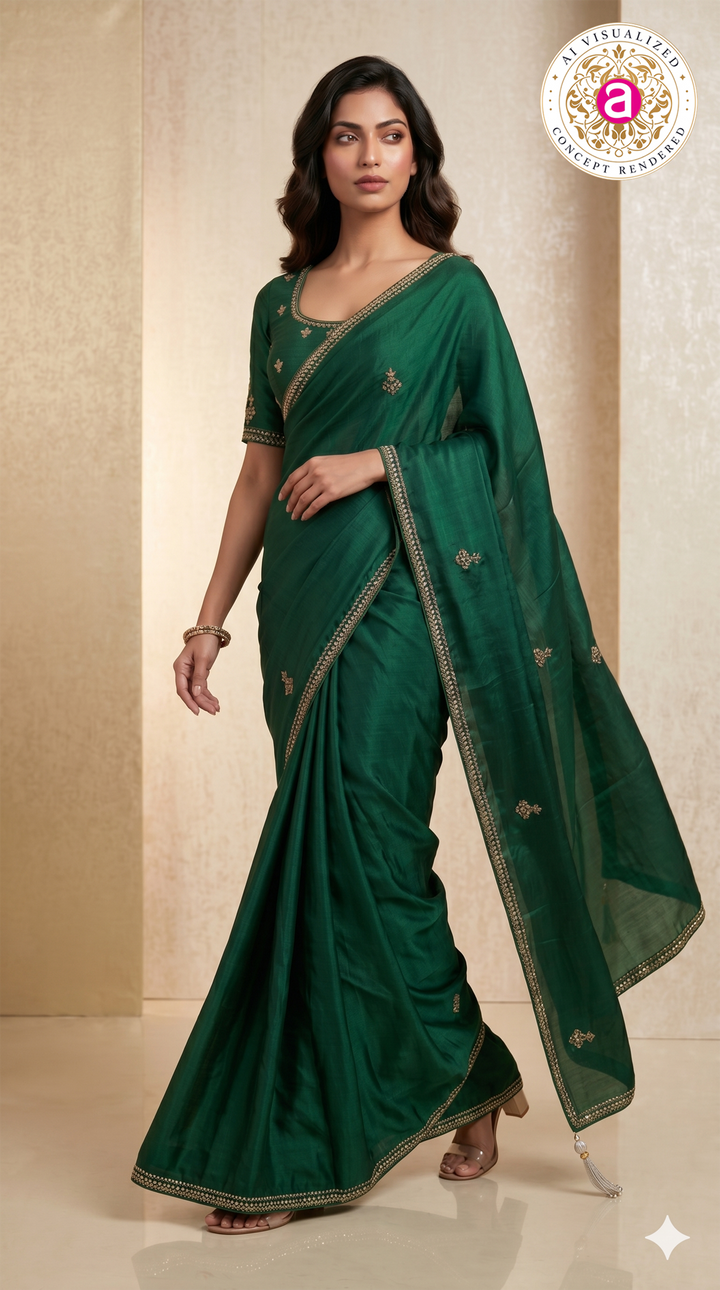 Emerald Green Hand-Embellished Designer Saree with Mirror Work Blouse