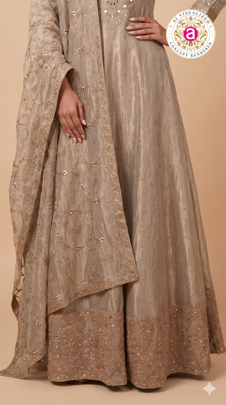 Champagne Beige Embroidered Anarkali Suit Set with Dupatta