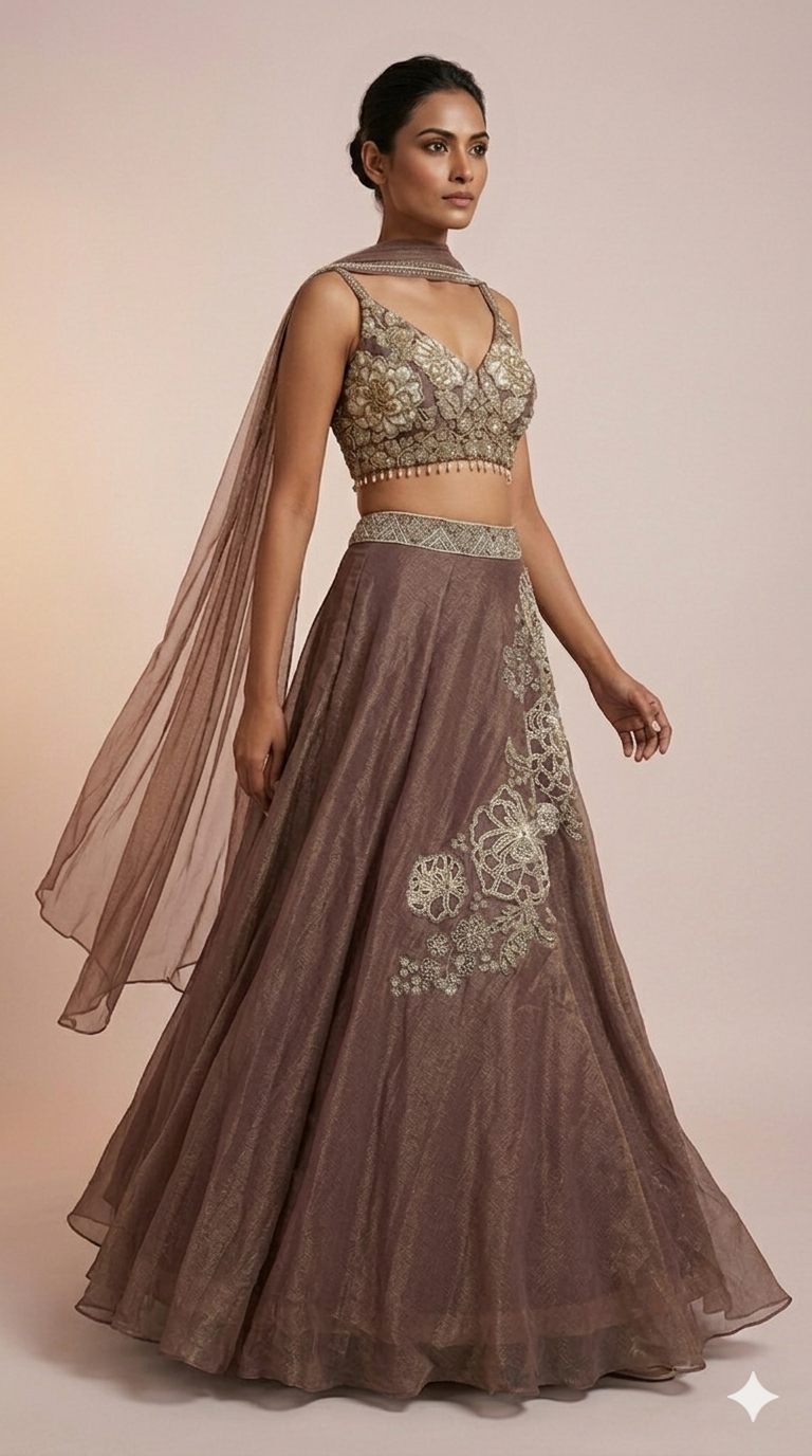 Mocha Brown Designer Lehenga Set with Floral Embroidery & Sheer Cape Dupatta