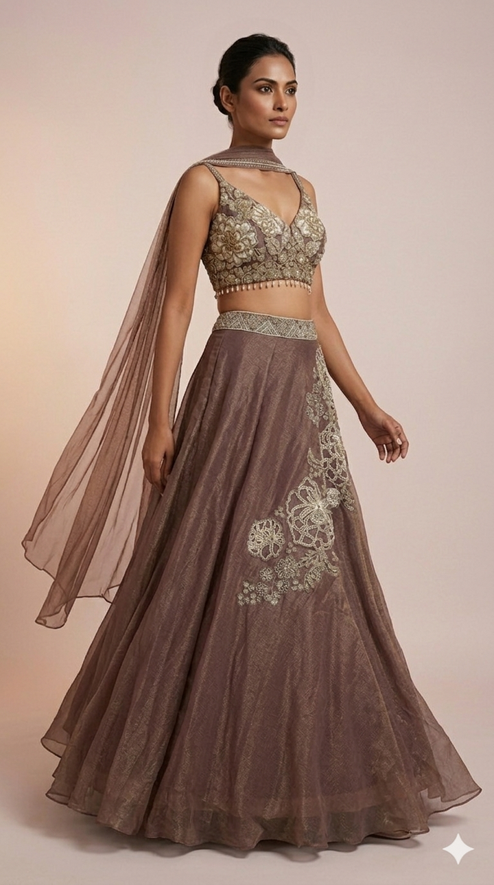 Mocha Brown Designer Lehenga Set with Floral Embroidery & Sheer Cape Dupatta