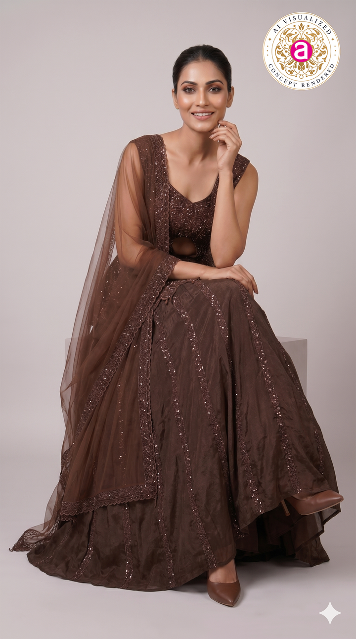 Chocolate Brown Embellished Peplum Lehenga Set with Sheer Dupatta