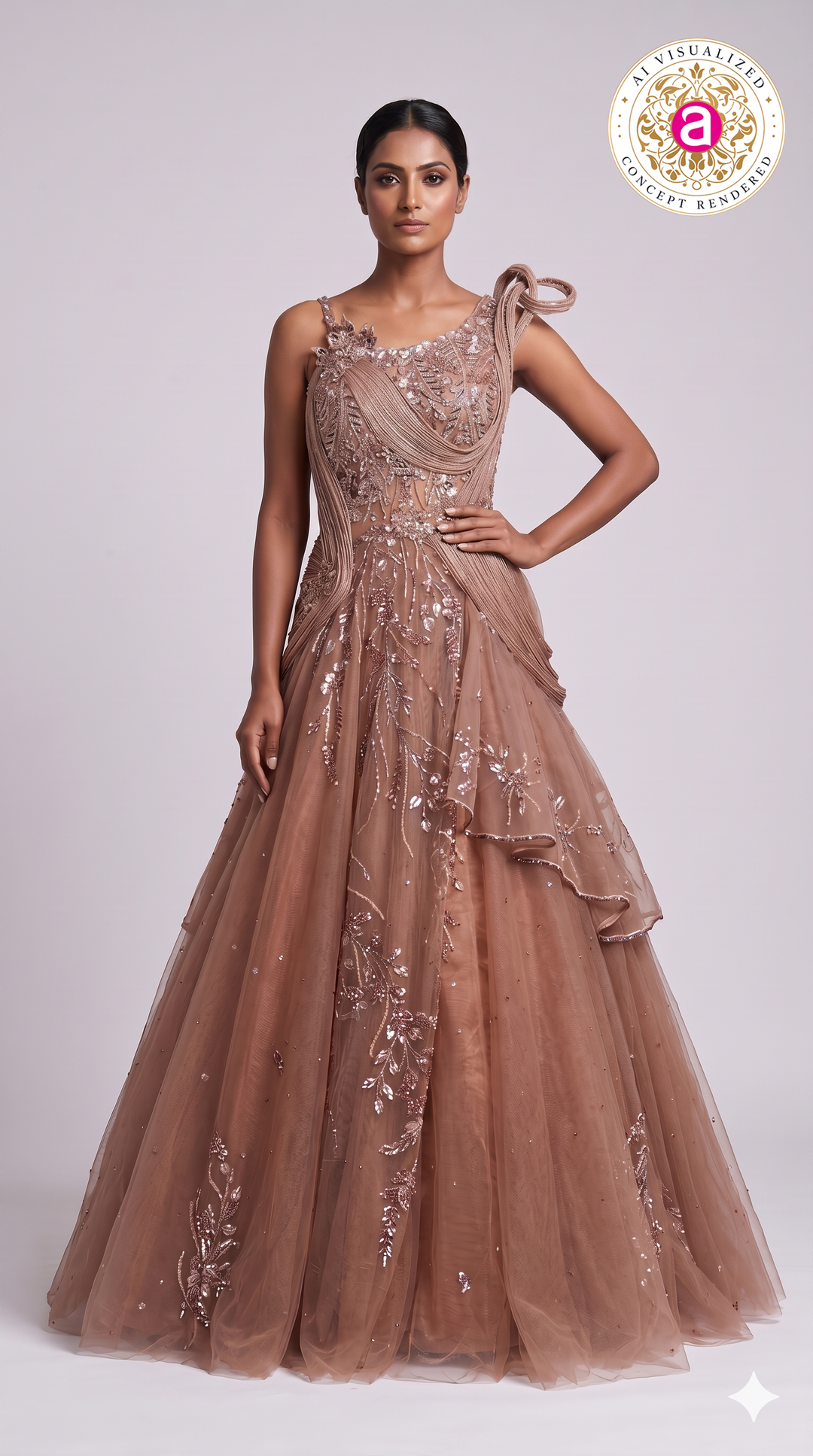 Rose Taupe Embellished Couture Ball Gown with Draped Bodice