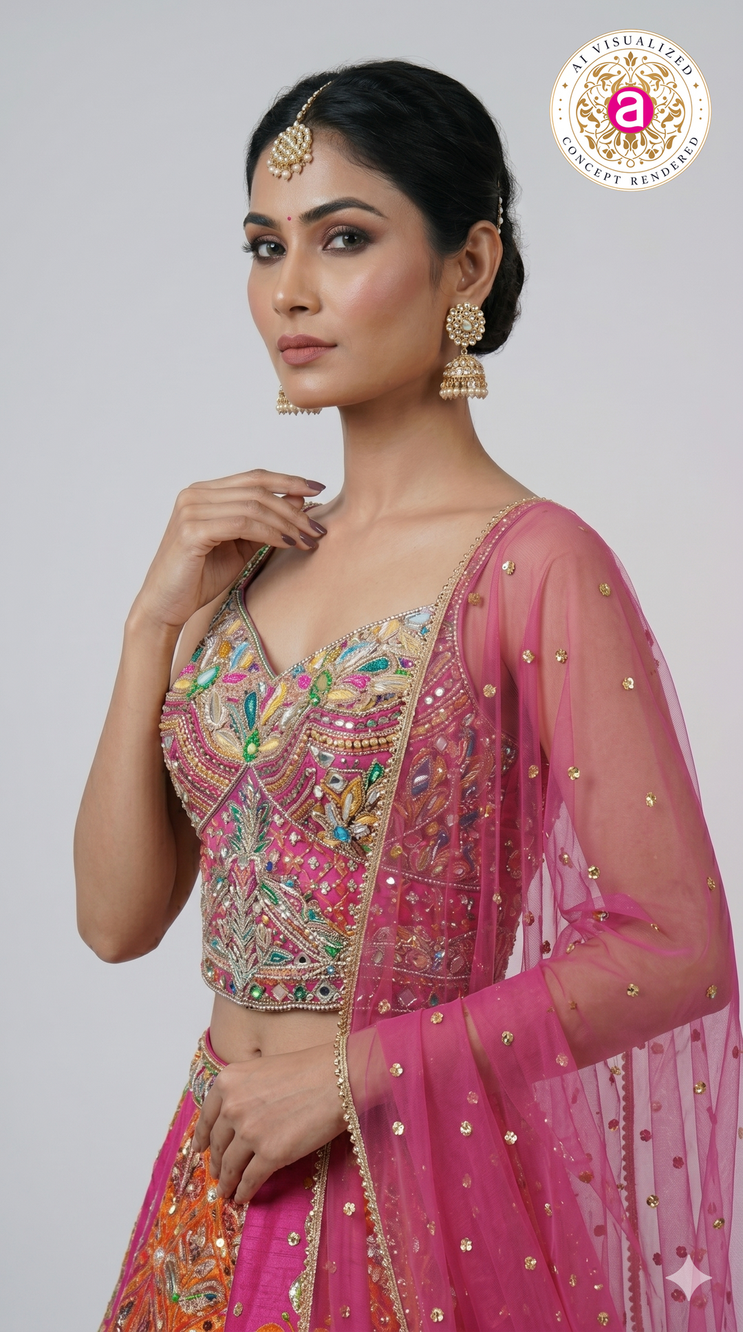 Rani Pink & Orange Embroidered Lehenga Set with Multicolor Blouse & Net Dupatta