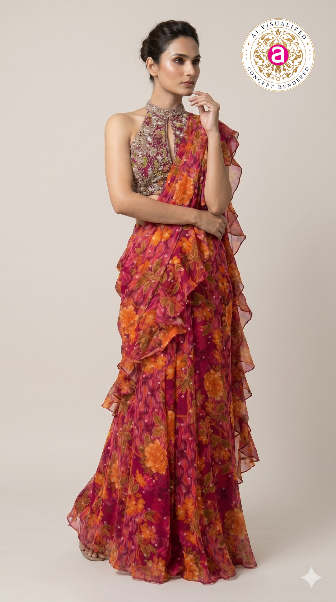 Rani Pink Floral Ready-to-Wear Saree with Ruffle Draping & Embroidered Halter Blouse