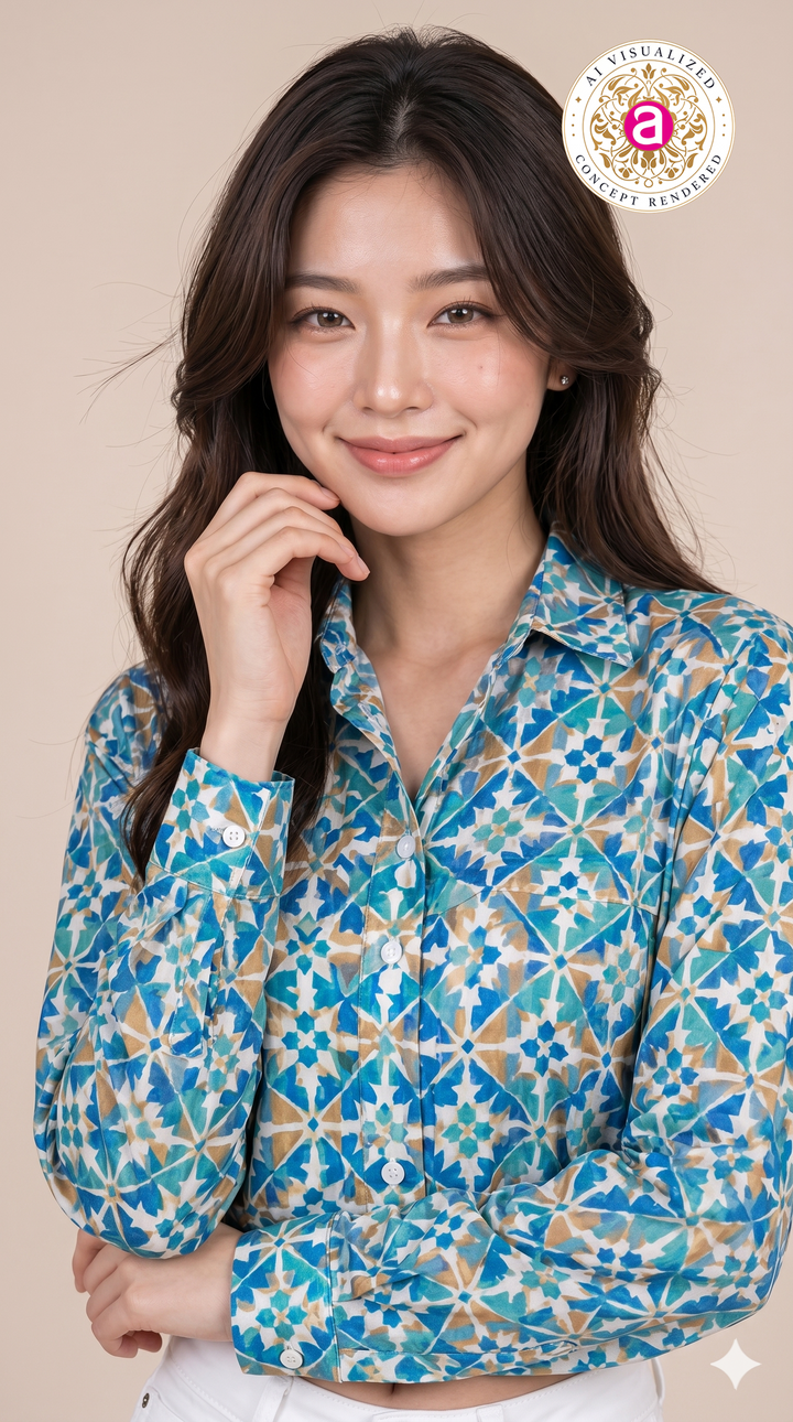 Blue Geometric Printed Crop Shirt Top