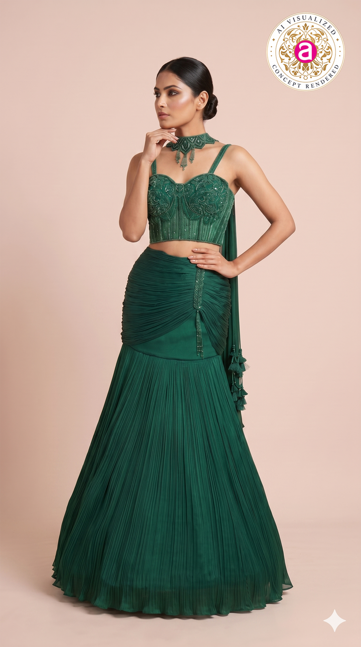 Emerald Green Designer Mermaid Lehenga Set with Embellished Crop Top