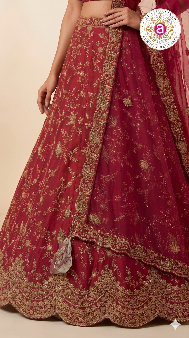Royal Wine Embroidered Silk Lehenga Set with Designer Net Dupatta