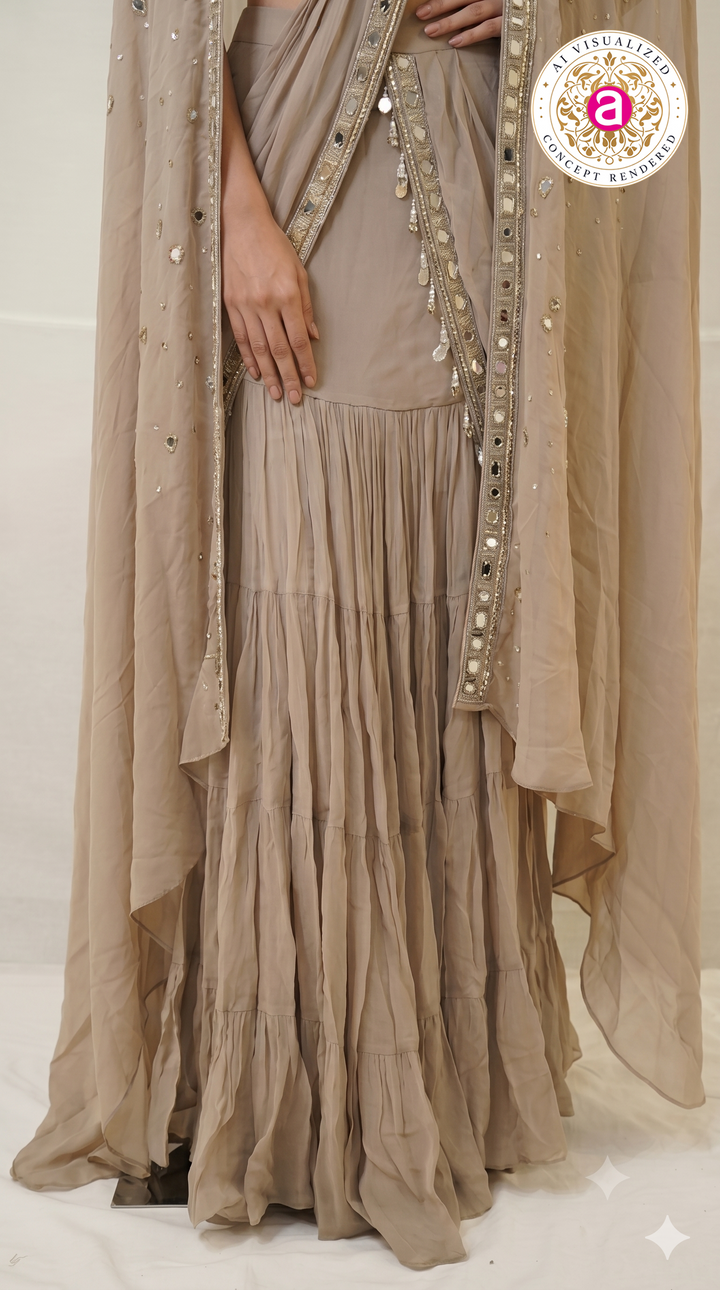 Taupe Mirror Embellished Ready-to-Wear Saree with Cape Dupatta