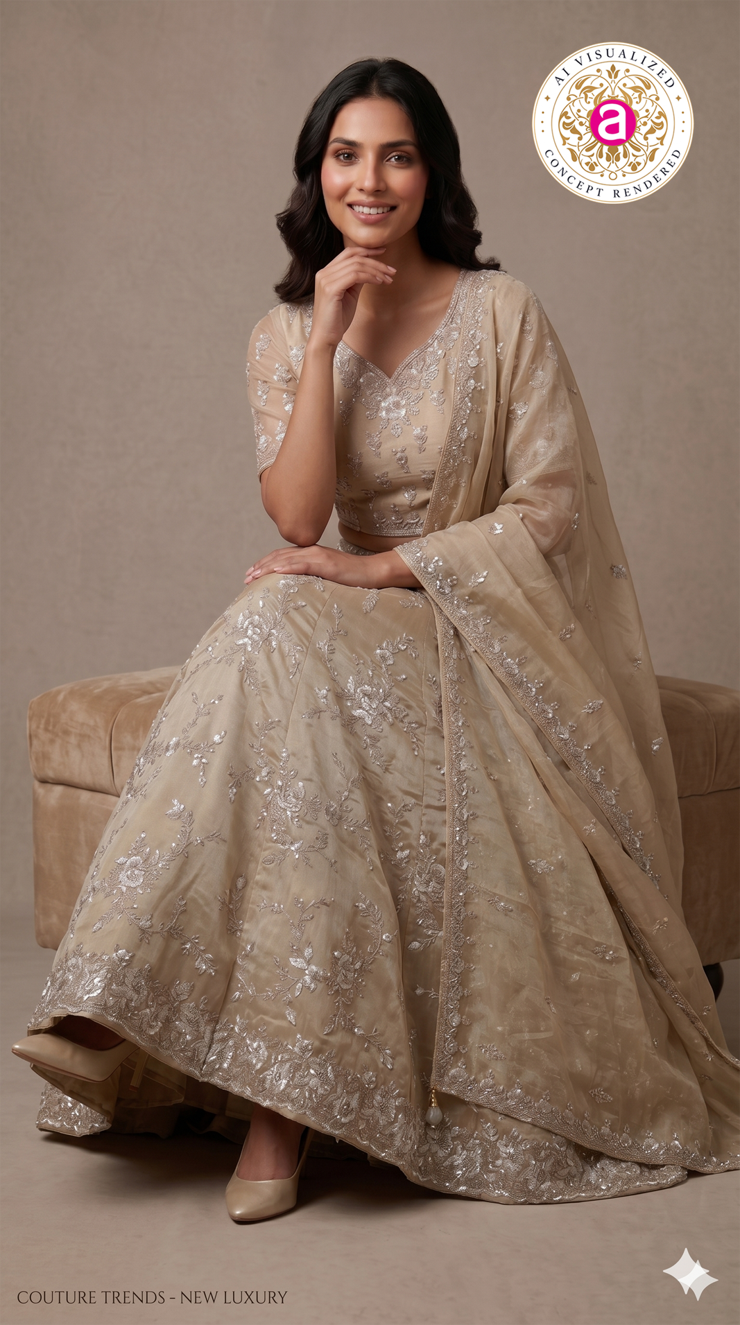 Champagne Beige Designer Embroidered Lehenga Set with Organza Dupatta