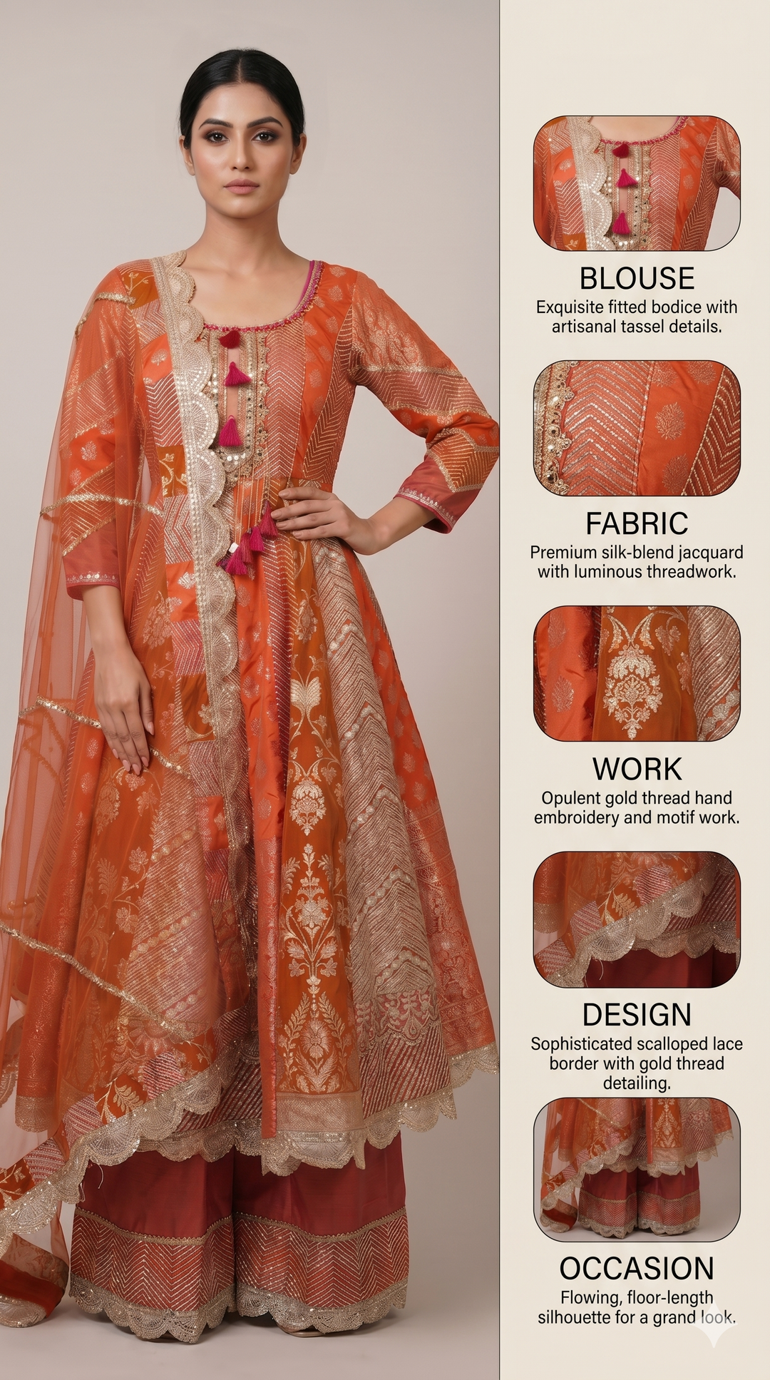 Vibrant Orange Banarasi Anarkali Suit Set with Sharara & Organza Dupatta