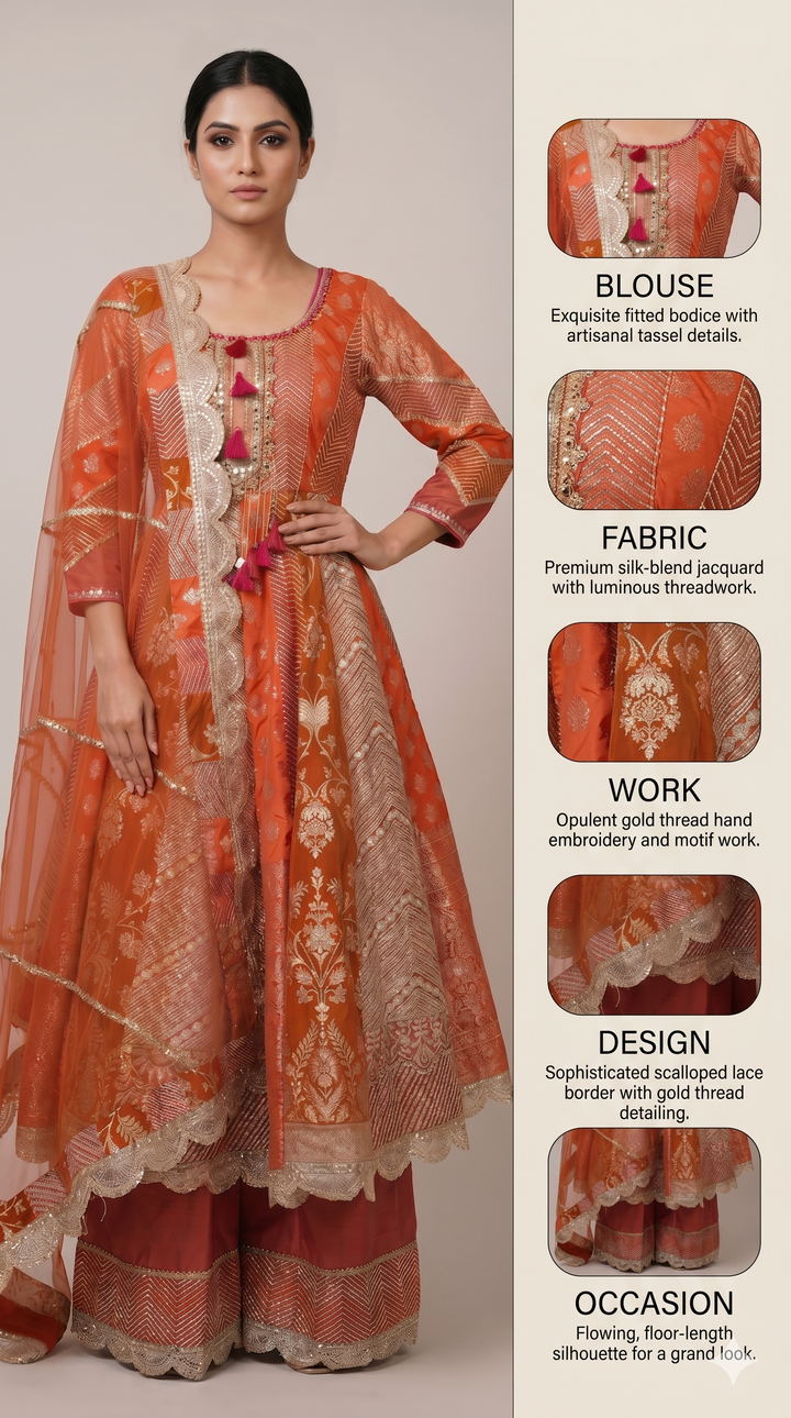 Vibrant Orange Banarasi Anarkali Suit Set with Sharara & Organza Dupatta