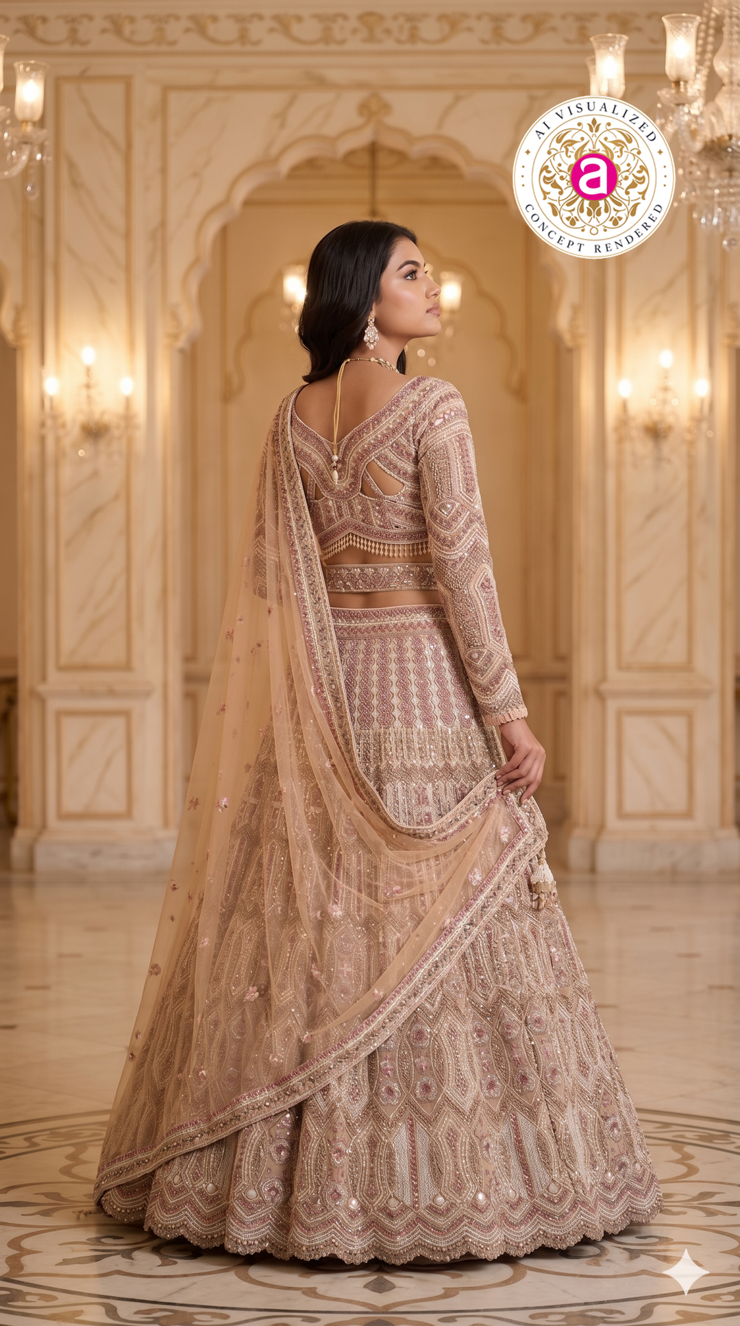 Champagne Beige Designer Lehenga Set with Intricate Embroidered Blouse and Net Dupatta