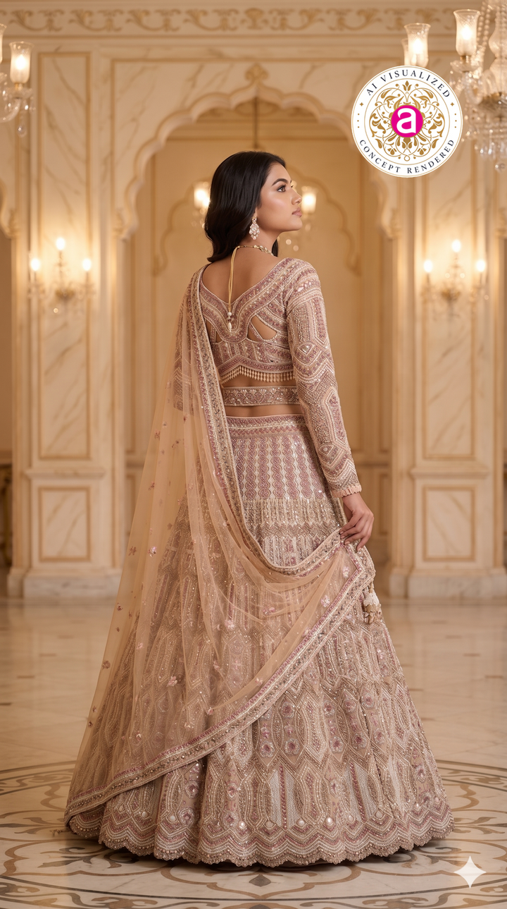 Champagne Beige Designer Lehenga Set with Intricate Embroidered Blouse and Net Dupatta