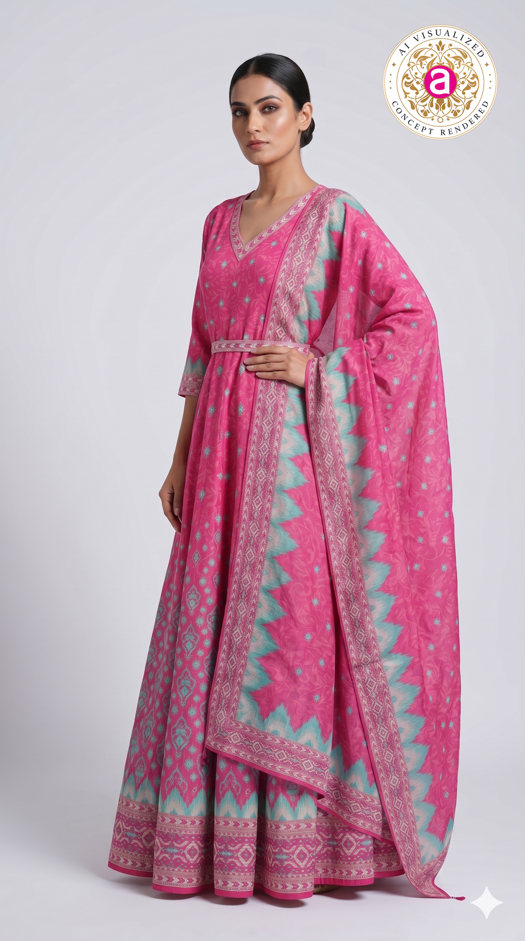 Rani Pink Ikat Inspired Anarkali Suit Set with Designer Dupatta