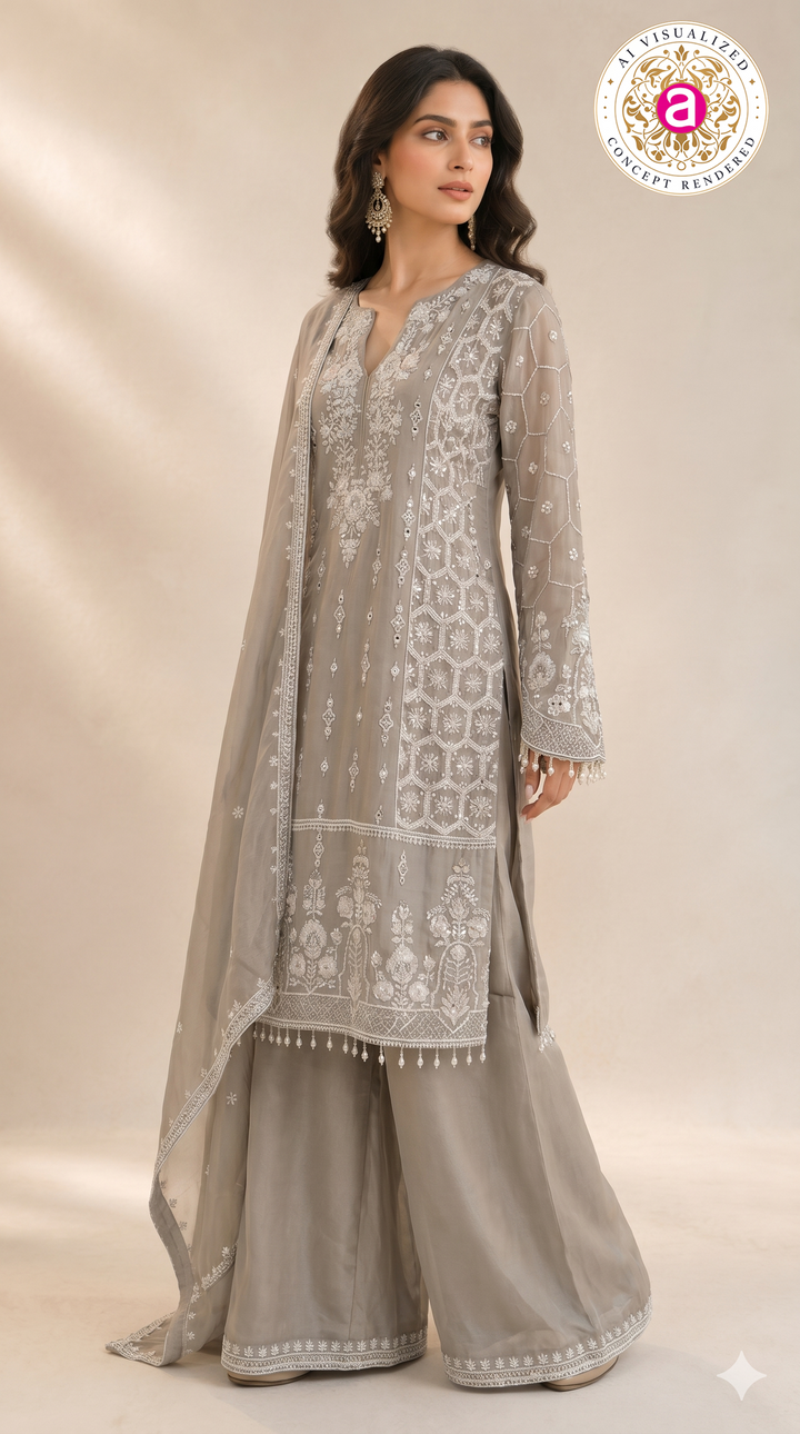 Dusty Grey Embroidered Kurta Palazzo Set with Dupatta