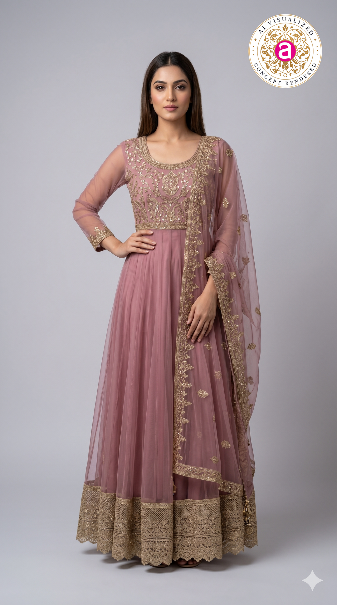 Dusty Rose Embroidered Anarkali Gown with Designer Dupatta