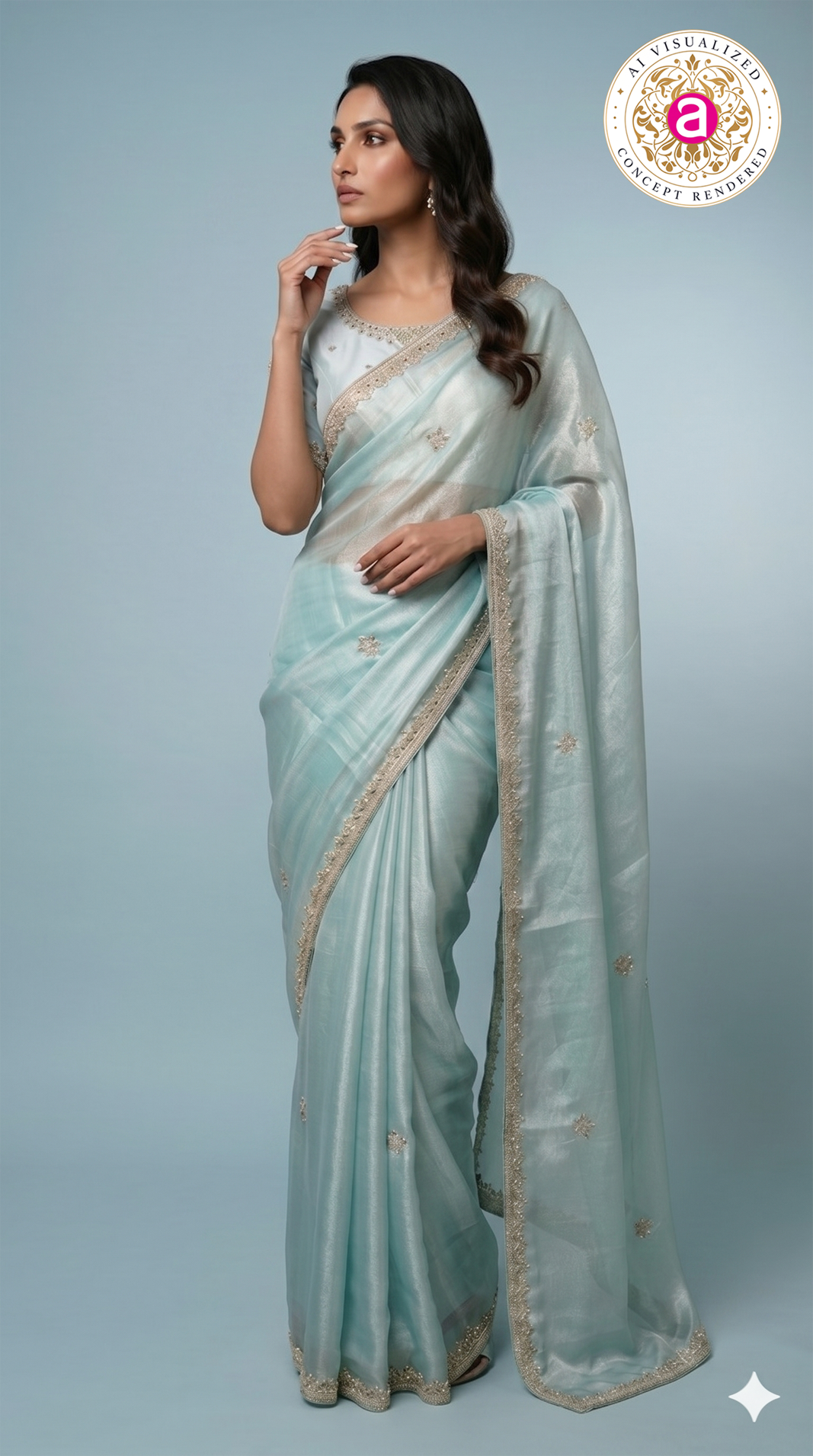 Sky Blue Hand-Embellished Designer Saree with Mirror Work Blouse