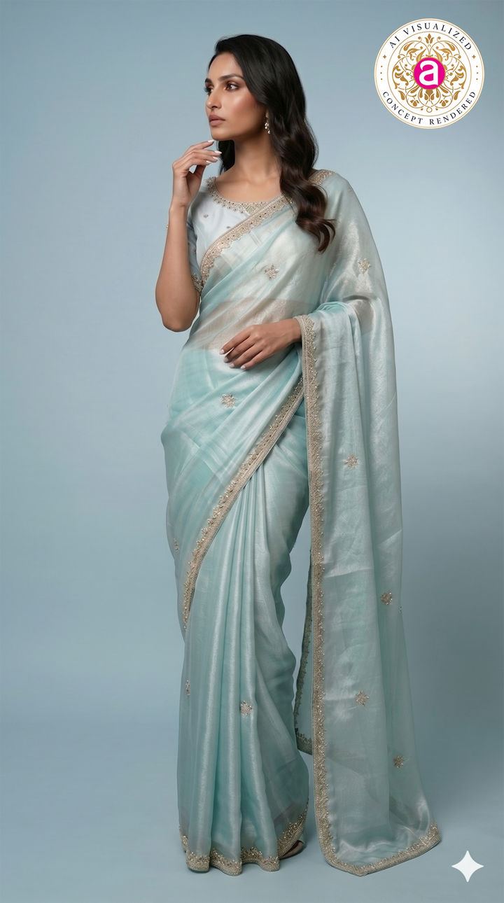 Sky Blue Hand-Embellished Designer Saree with Mirror Work Blouse