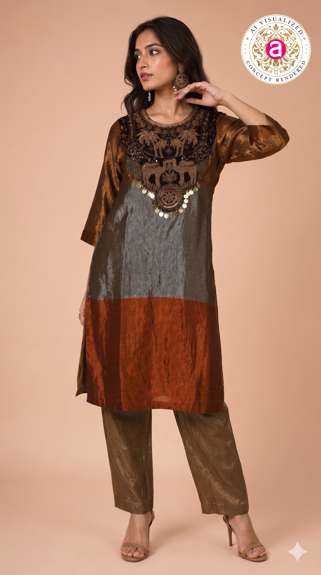 Rust Brown Embroidered Designer Kurta Pant Set