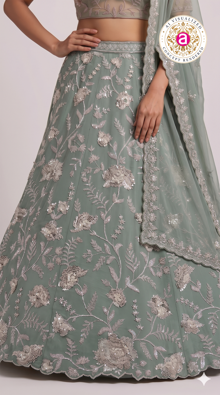 Sage Green Floral Embroidered Designer Lehenga Set with Net Dupatta