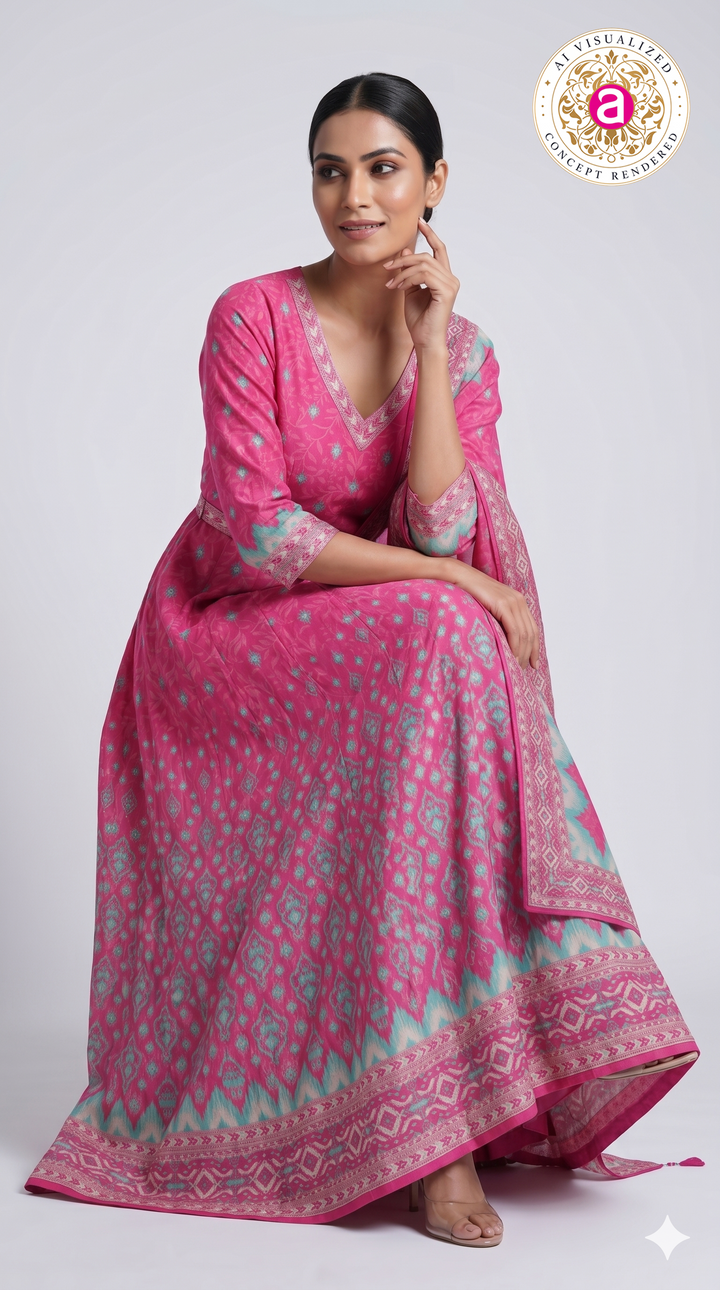 Rani Pink Ikat Inspired Anarkali Suit Set with Designer Dupatta