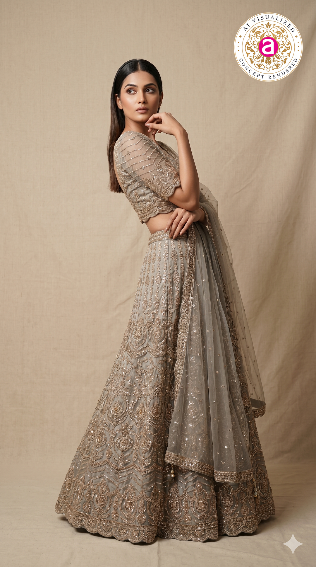 Champagne Beige Designer Lehenga Set with Sequin Embroidery & Embellished Net Dupatta