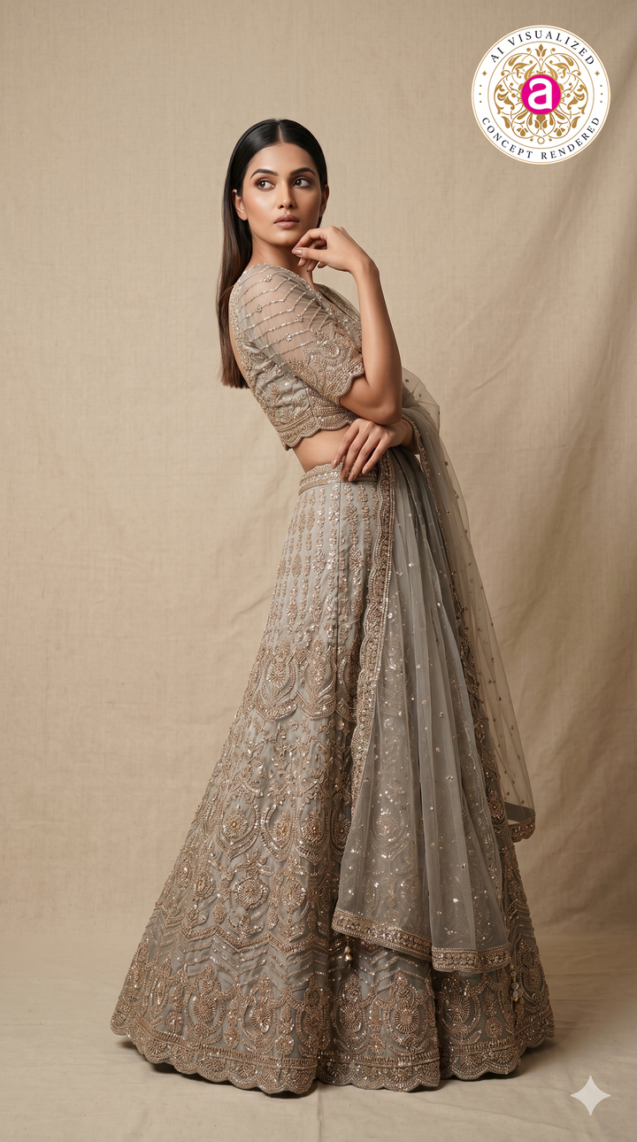 Champagne Beige Designer Lehenga Set with Sequin Embroidery & Embellished Net Dupatta