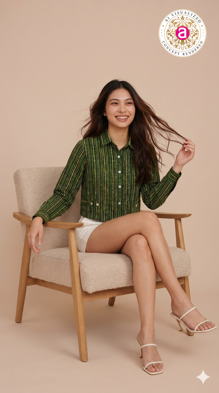 Olive Green Striped Crop Shirt Top