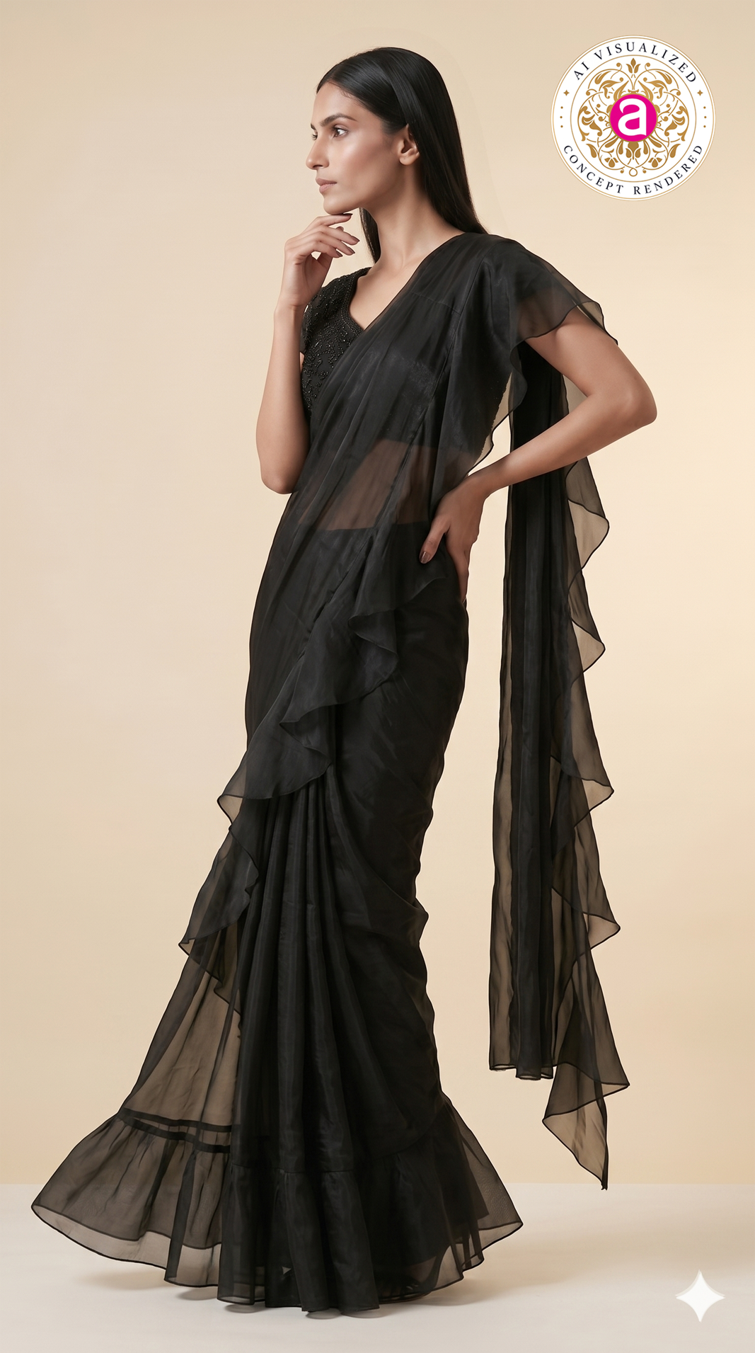 Elegant Black Ruffle Saree with Embellished Blouse