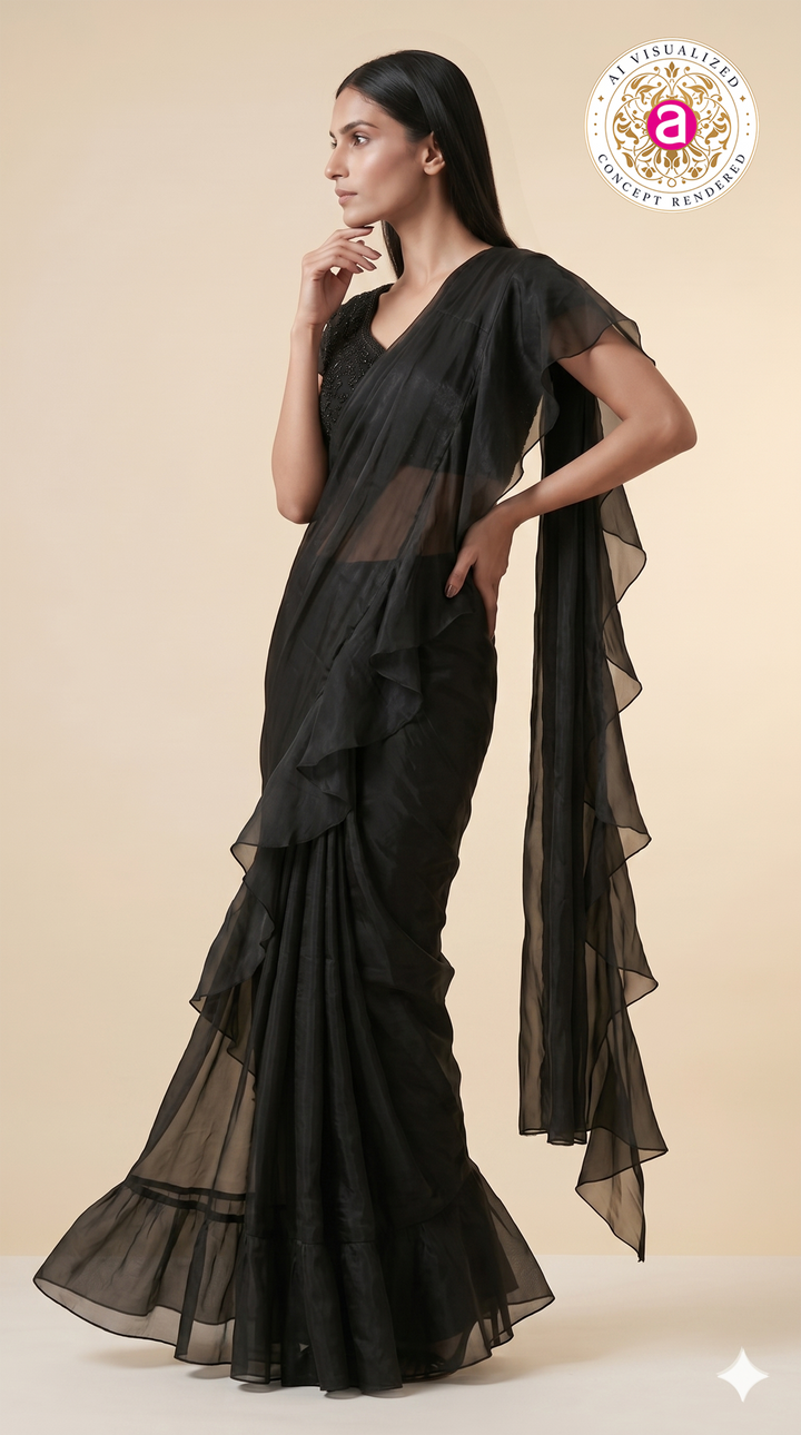 Elegant Black Ruffle Saree with Embellished Blouse