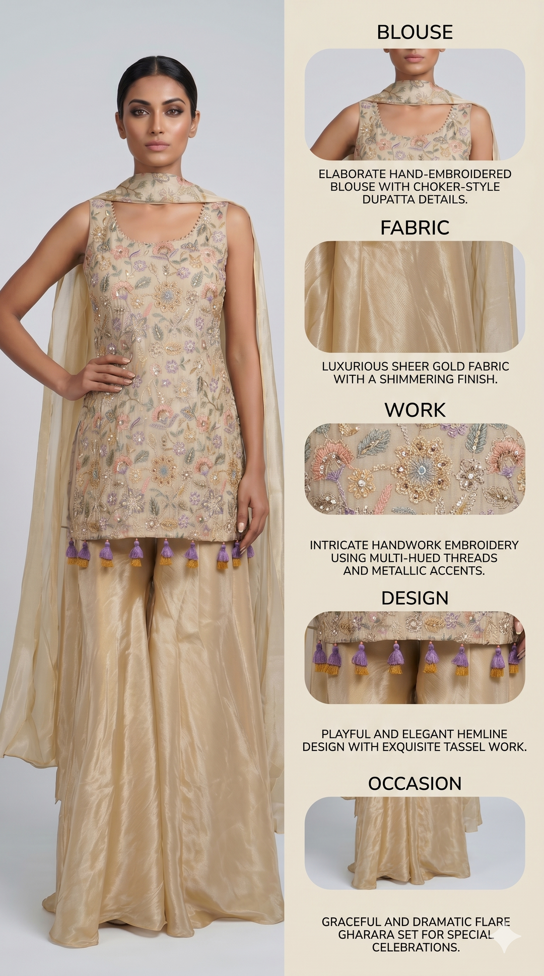 Ivory Floral Embroidered Kurta with Palazzo & Organza Dupatta Set
