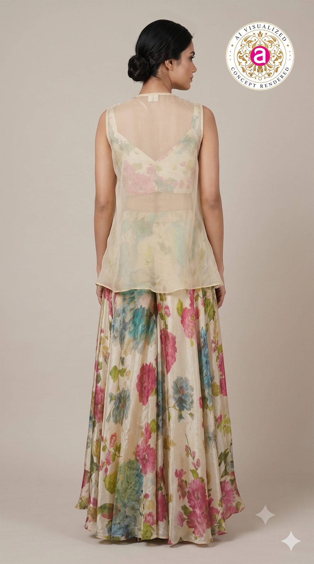 Ivory Floral Print Jacket Style Sharara Set with Crop Top
