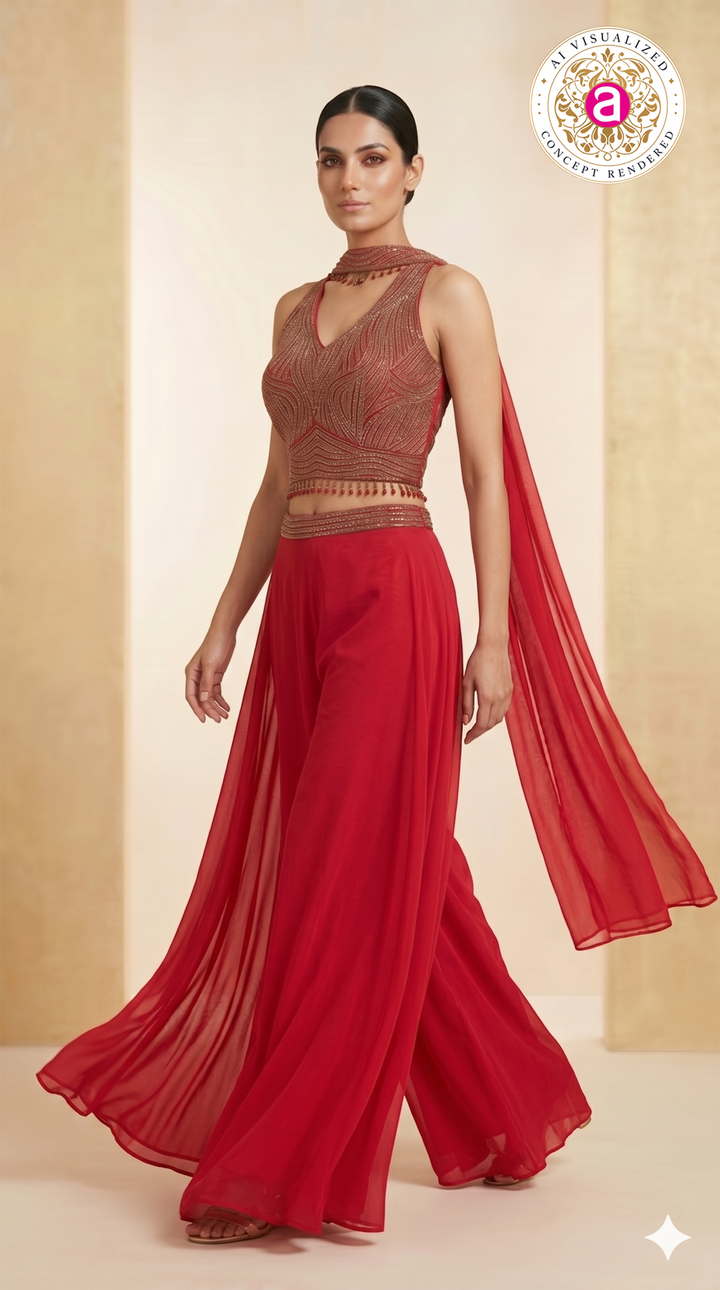 Ruby Red Embellished Palazzo Set with Cape Dupatta