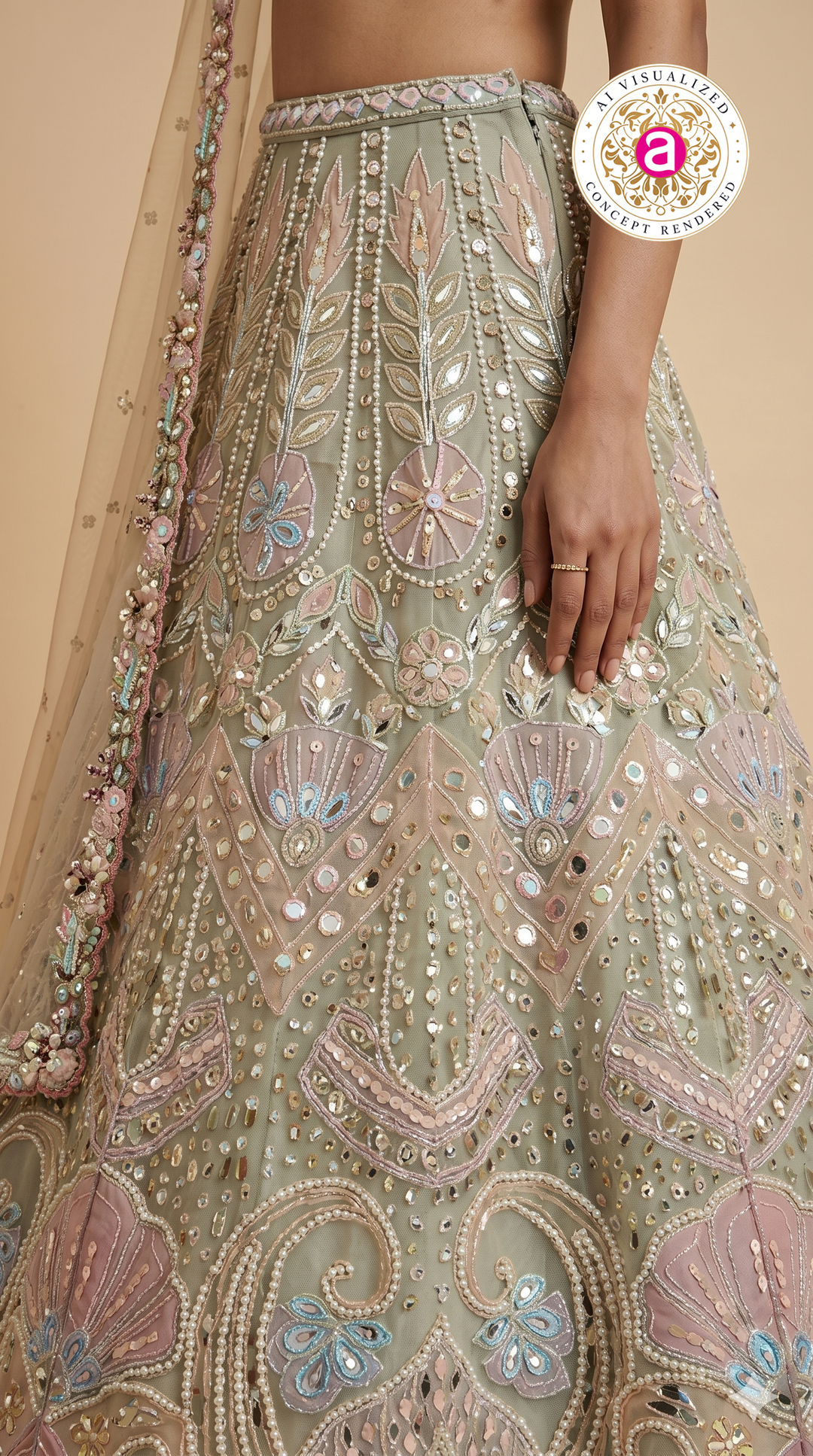 Pastel Sage Designer Lehenga Set with Mirror Embroidery & Floral Embellished Dupatta