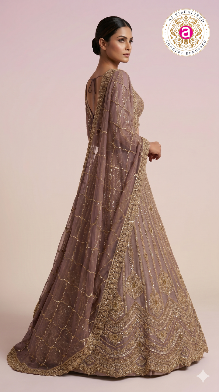 Mauve Gold Designer Lehenga Set with Intricate Zari Embroidery & Embellished Dupatta