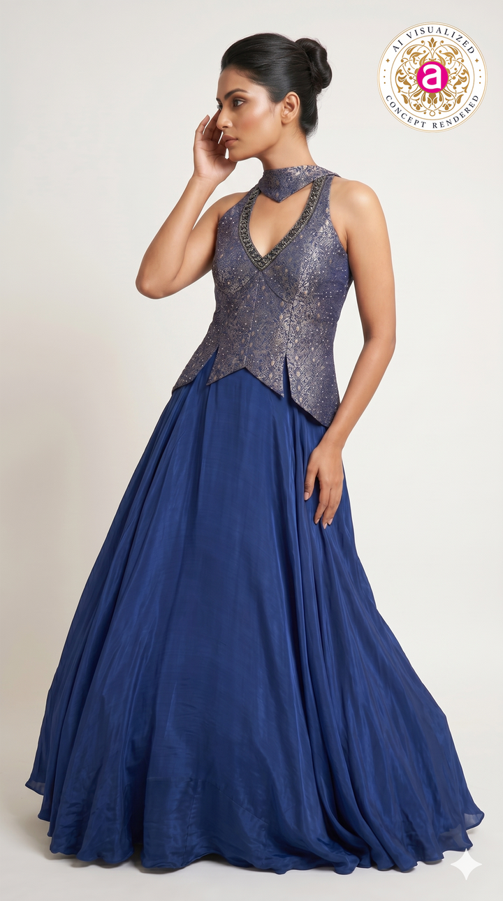 Royal Blue Designer Gown with Embroidered Halter Neck Bodice