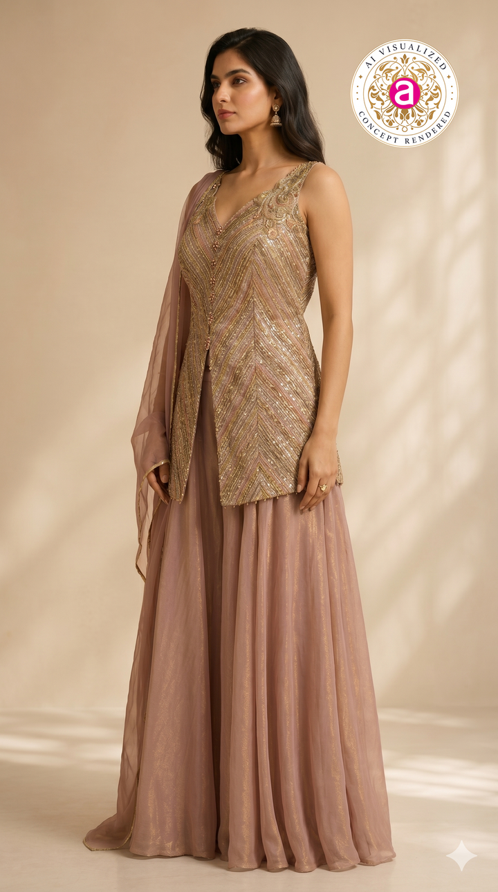Dusty Rose Embellished Sharara Set with Embroidered Jacket