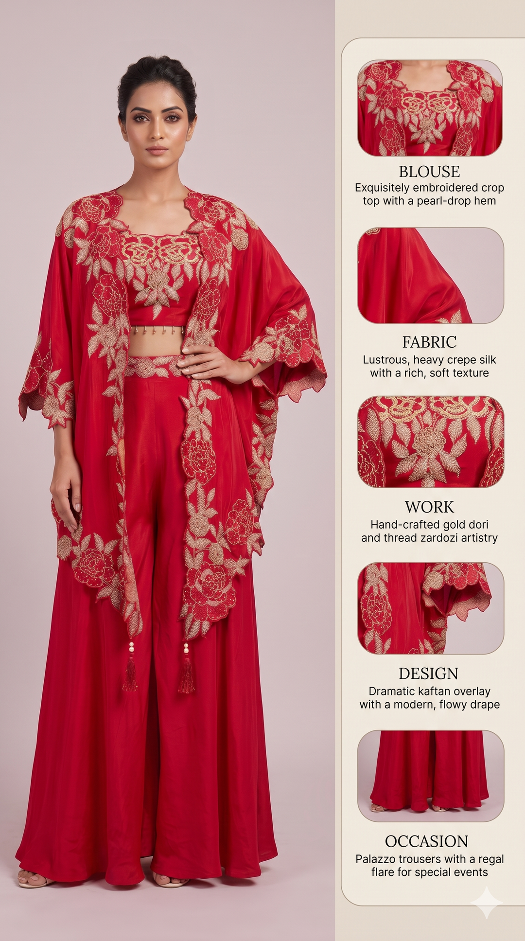 Crimson Red Palazzo Set with Embroidered Cape