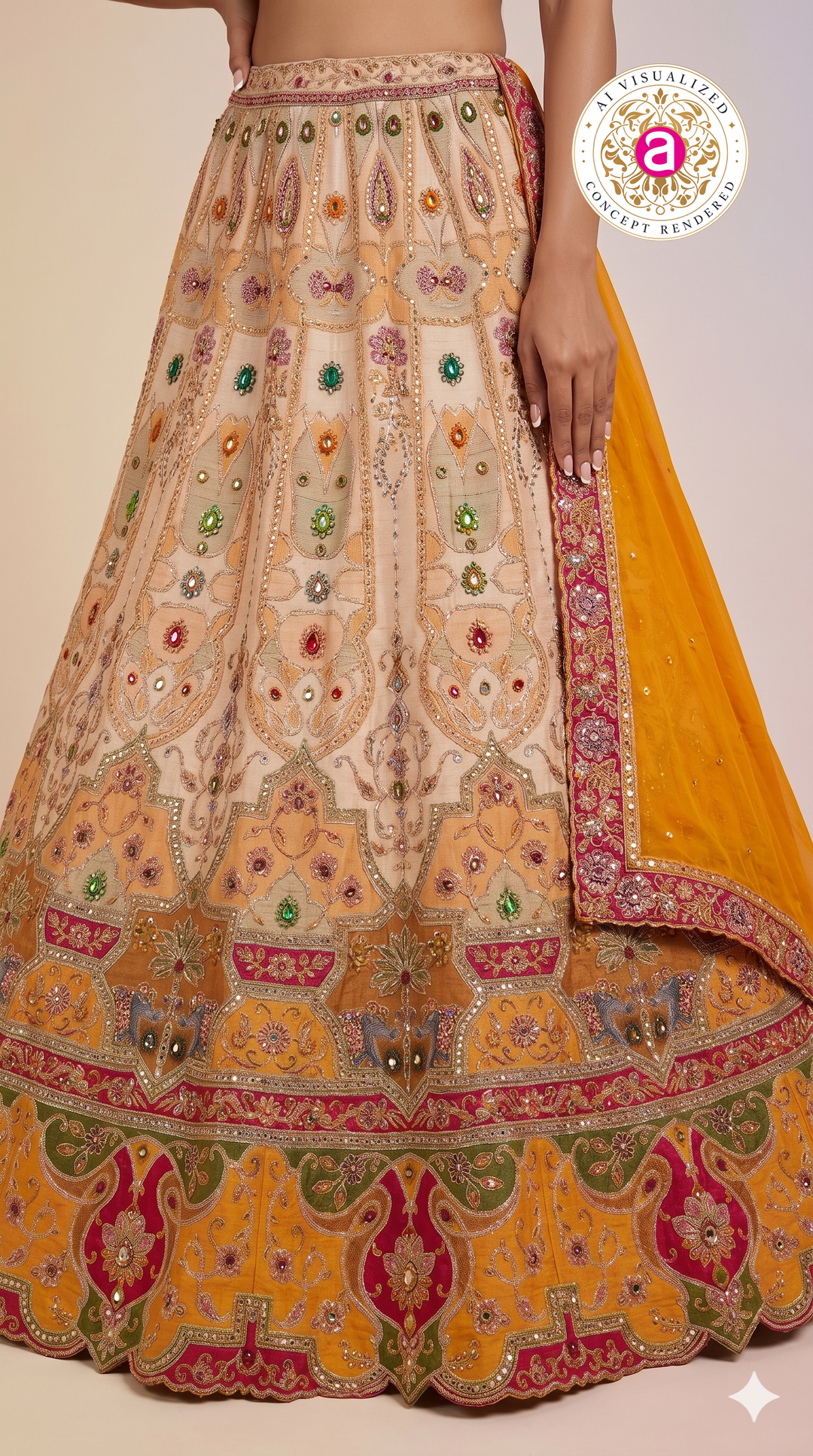 Peach & Mustard Embroidered Bridal Lehenga with Jewel Motifs & Designer Dupatta