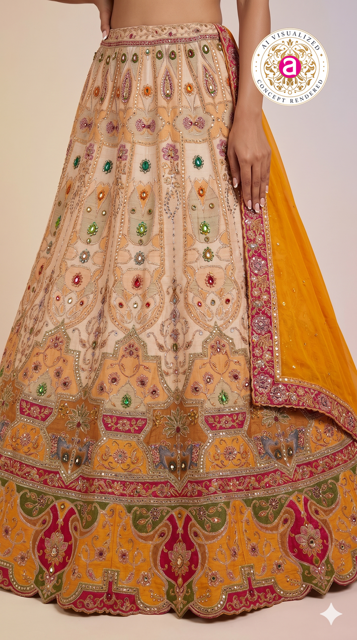 Peach & Mustard Embroidered Bridal Lehenga with Jewel Motifs & Designer Dupatta