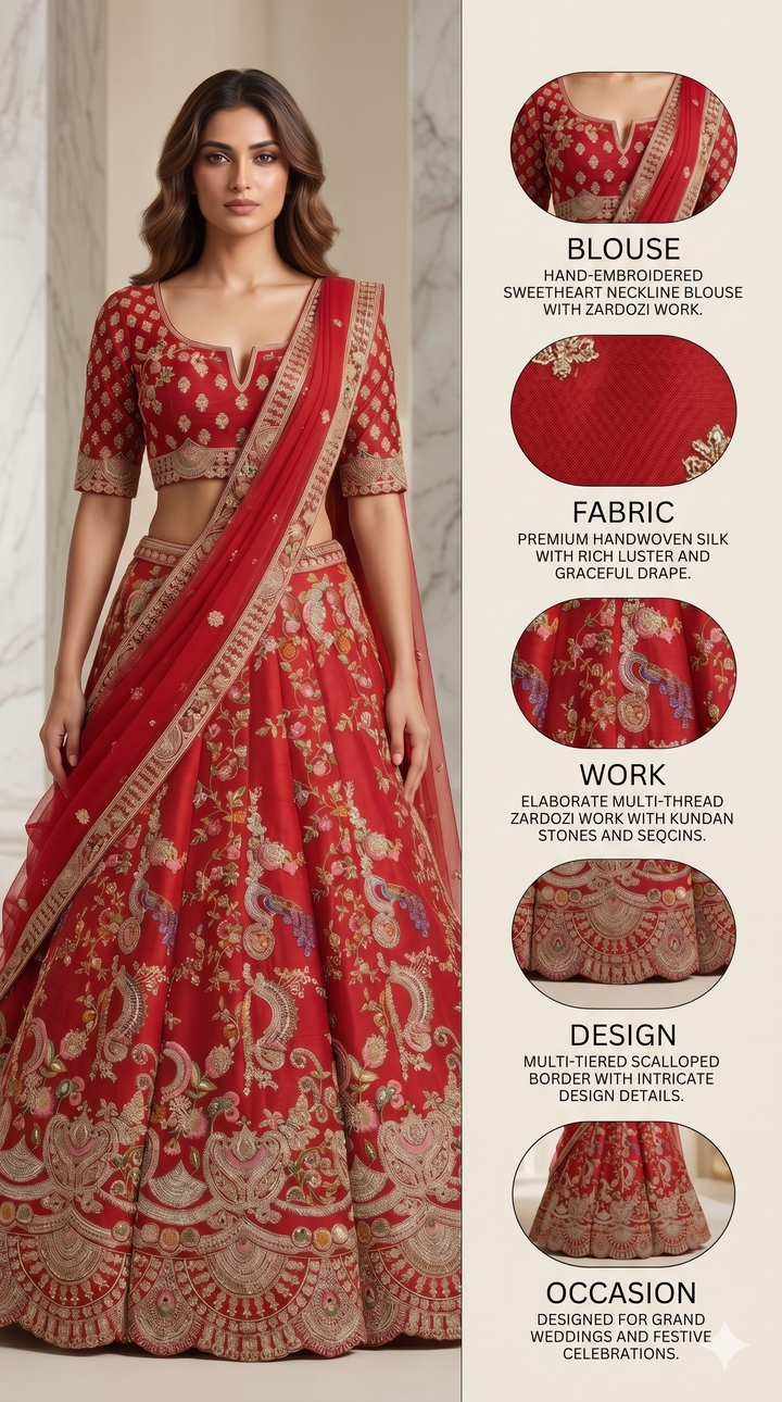 Scarlet Red Bridal Lehenga Set with Floral Zari Embroidery & Designer Net Dupatta