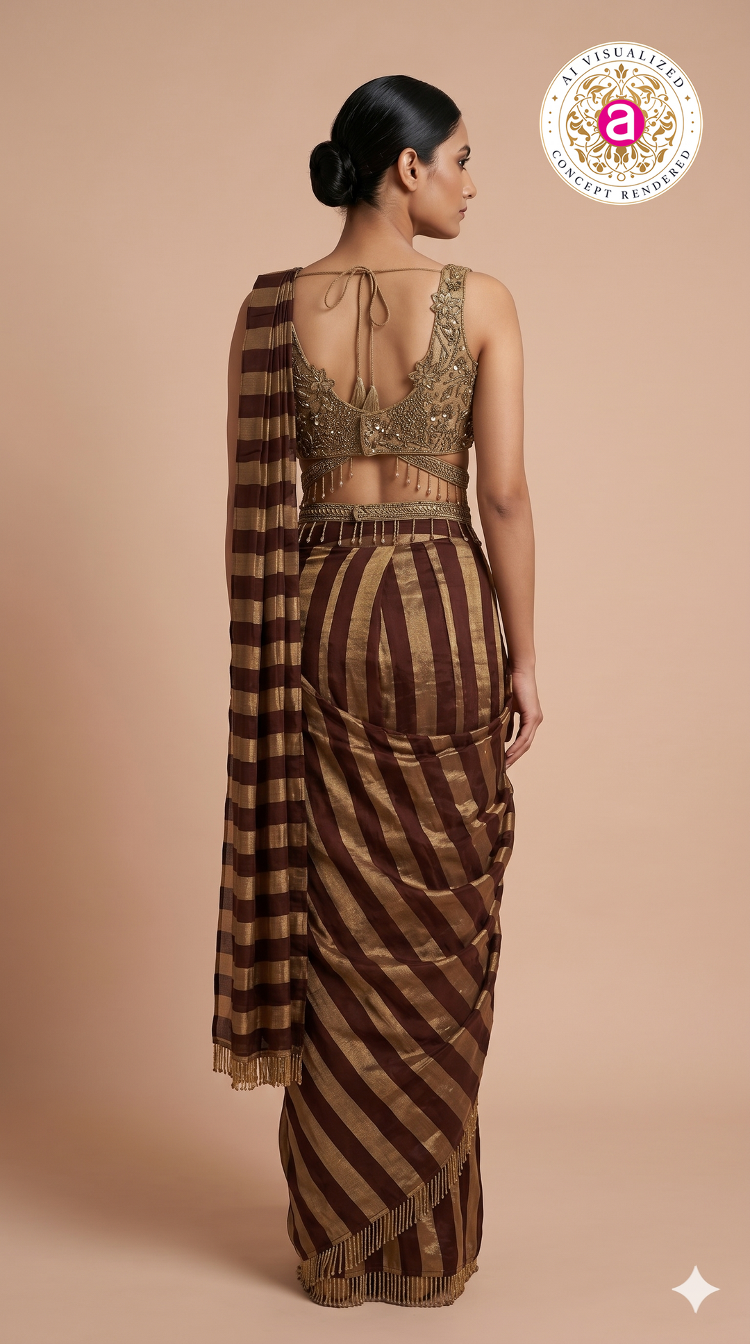 Wine Brown Ready to Wear Saree with Embellished Designer Blouse & Metallic Stripes