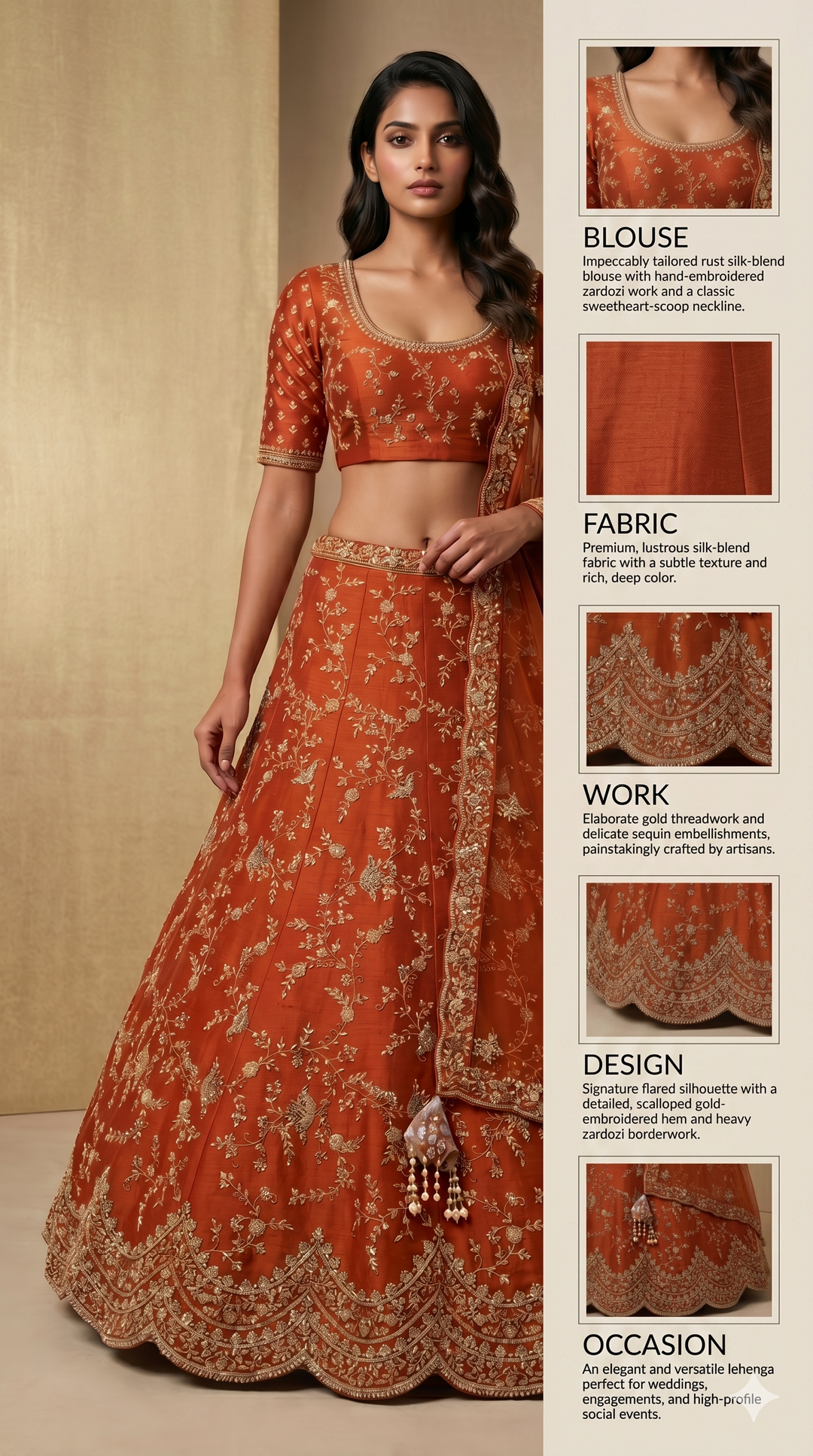 Rust Orange Designer Bridal Lehenga Set with Heavy Zari Embroidery & Net Dupatta