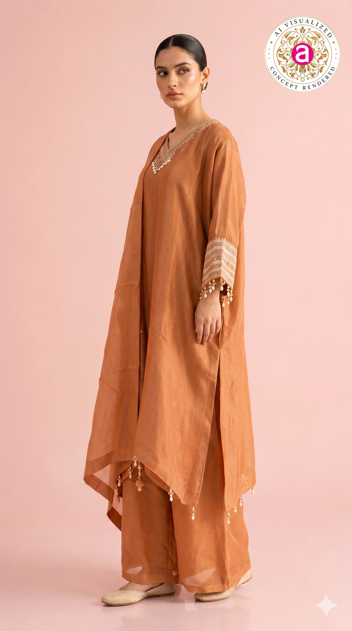 Rust Orange Kaftan Style Kurta Palazzo Set with Dupatta