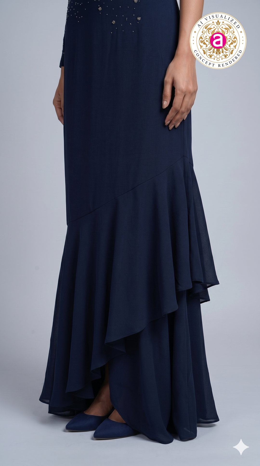 Midnight Navy Embellished One-Shoulder Designer Indo Western