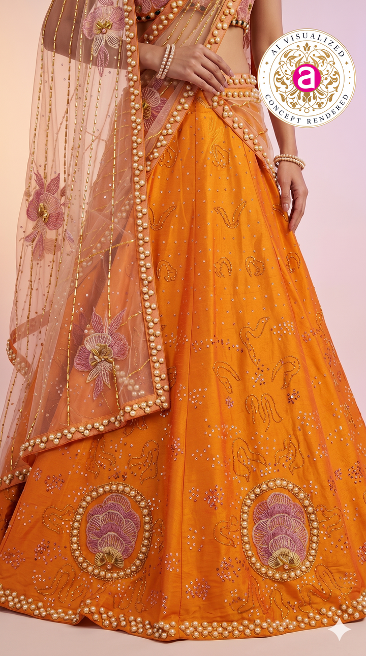 Sunset Orange & Blush Pink Embroidered Designer Lehenga Choli with Net Dupatta