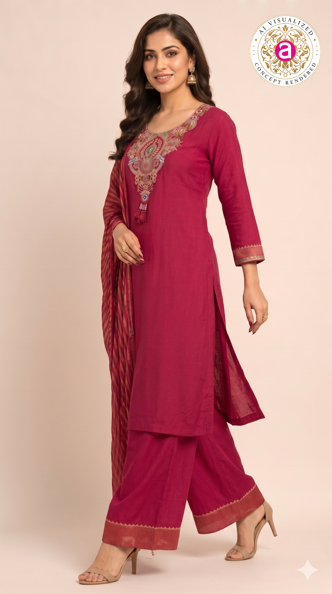 Rani Pink Handwork Kurta Palazzo Set with Dupatta